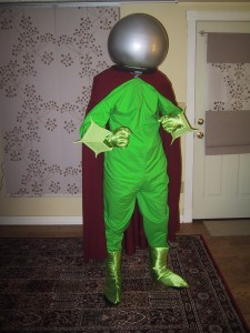 Front view of costume with plastic sphere