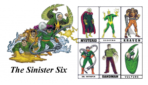 Front of a business card with the sinister six on it