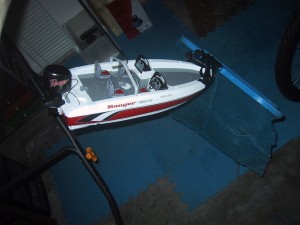 Radio Controlled boat with pool net taped to the front