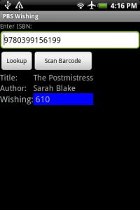 Main application screen, showing the book "Postmistress" having 610 people wishing for it.