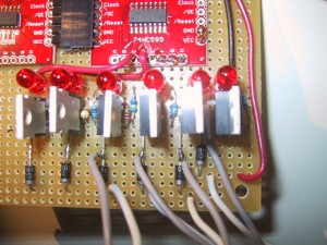 protoboard with MOSFETS and LED's