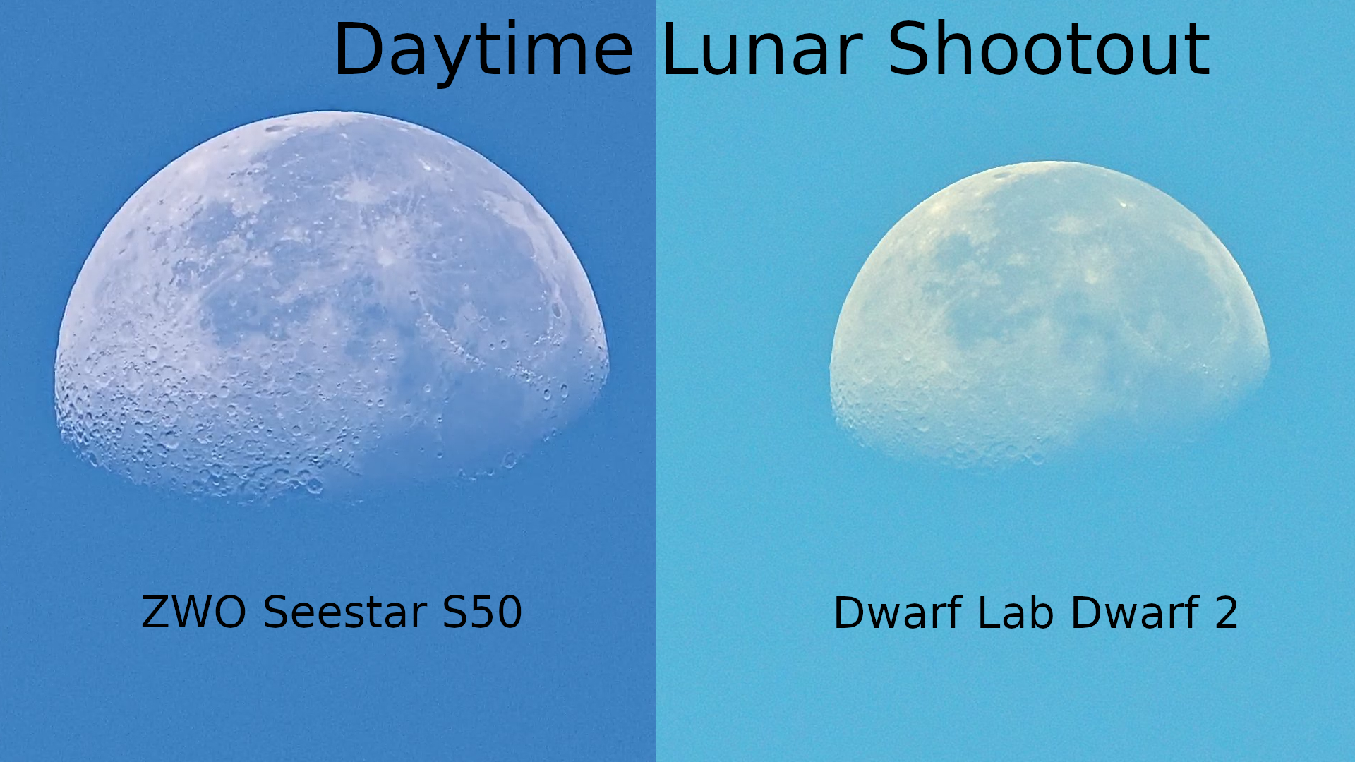 Side by Side images of the moon shot in the day time by the ZWO Seestar S50 and Dwarf 2 telescopes. 