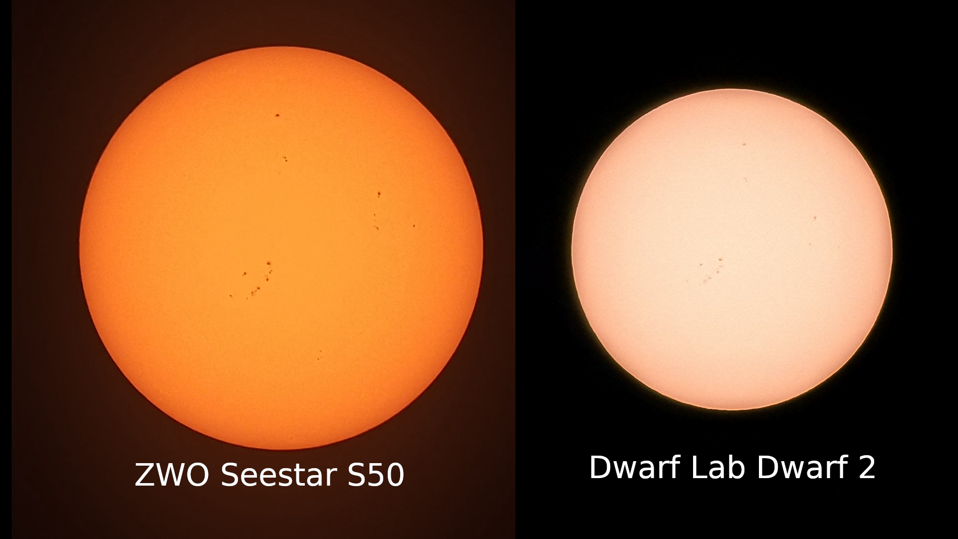 Side by side shots of the sun by both the Seestar S50 and Dwarf 2 smart telescopes.